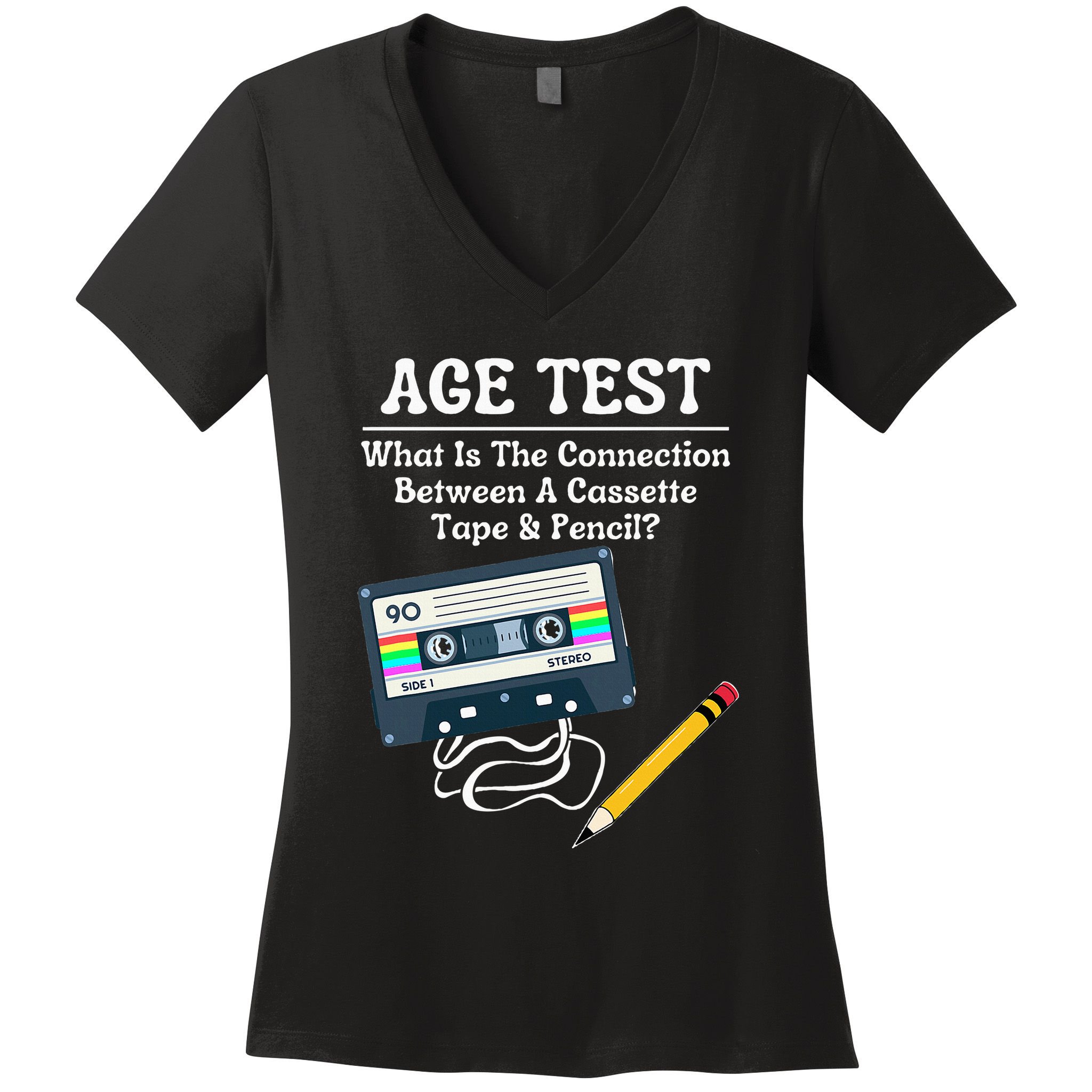 70S 80S 90S Vintage Cassette Tape & Pencil Funny Age Test Women's V-Neck T-Shirt