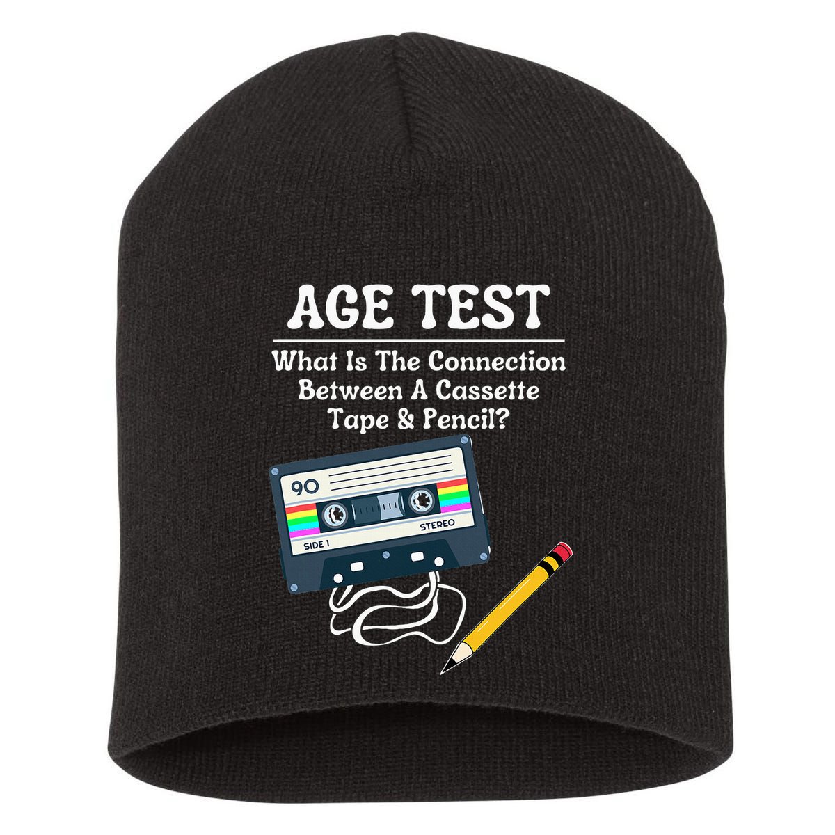 70S 80S 90S Vintage Cassette Tape & Pencil Funny Age Test Short Acrylic Beanie