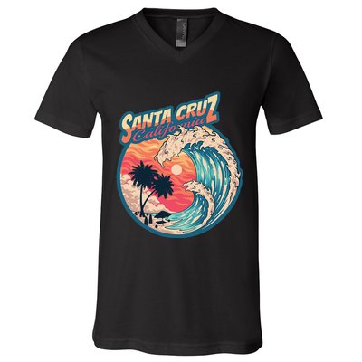 70s 80s In California City Santa Cruz Surfing Huge Wave V-Neck T-Shirt