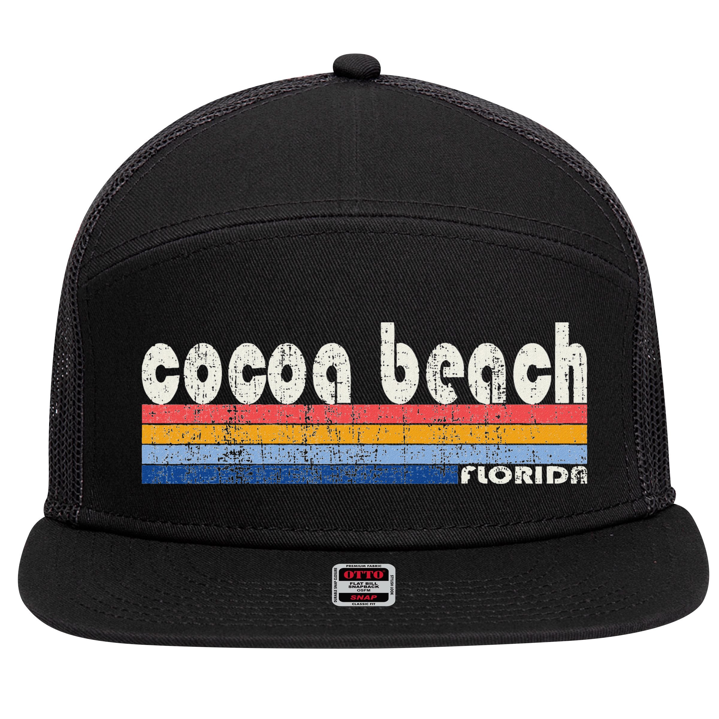70s 80s Style Cocoa Beach Fl 7 Panel Mesh Trucker Snapback Hat