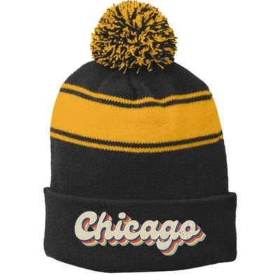 70S 80S Usa City Vintage Chicago Stripe Pom Pom Beanie