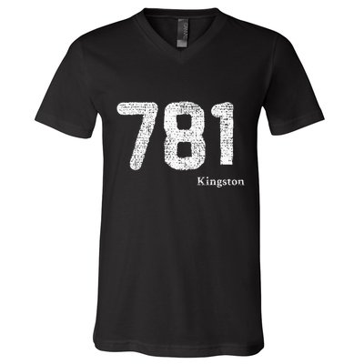 781 Area Code Distressed Kingston Massachusetts V-Neck T-Shirt