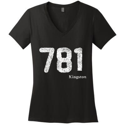 781 Area Code Distressed Kingston Massachusetts Women's V-Neck T-Shirt