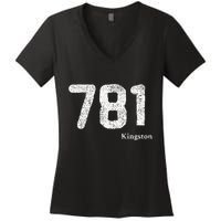 781 Area Code Distressed Kingston Massachusetts Women's V-Neck T-Shirt