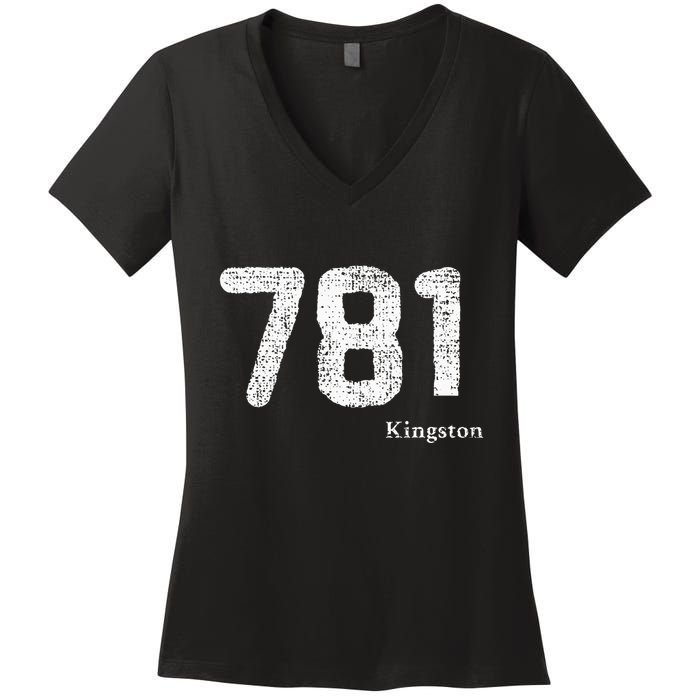 781 Area Code Distressed Kingston Massachusetts Women's V-Neck T-Shirt