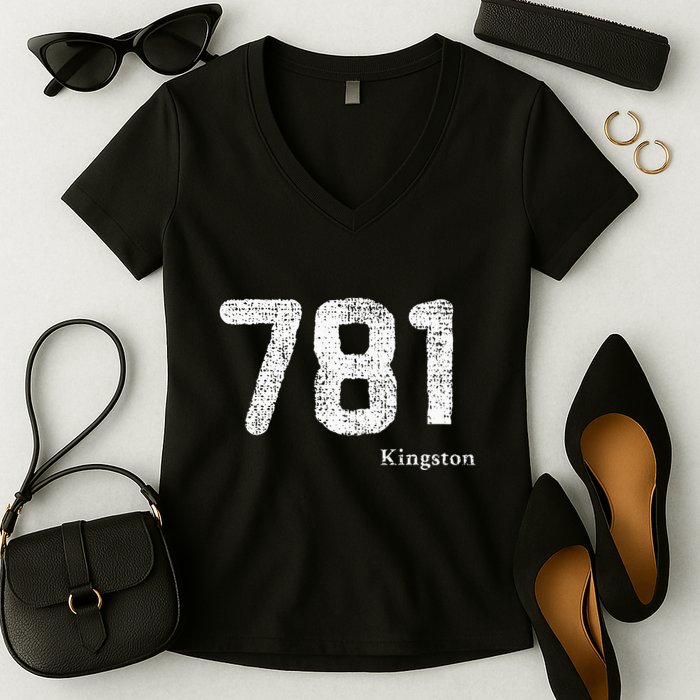 781 Area Code Distressed Kingston Massachusetts Women's V-Neck T-Shirt