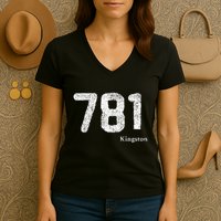 781 Area Code Distressed Kingston Massachusetts Women's V-Neck T-Shirt