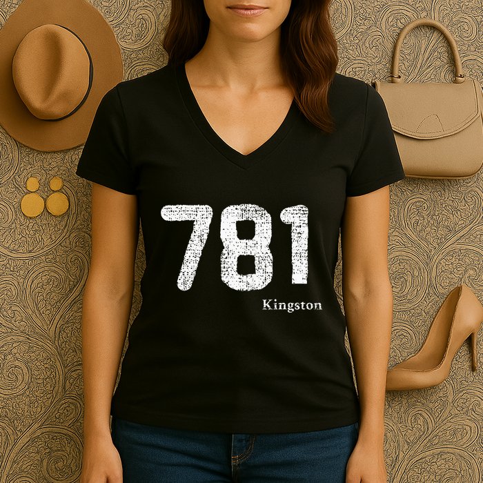 781 Area Code Distressed Kingston Massachusetts Women's V-Neck T-Shirt