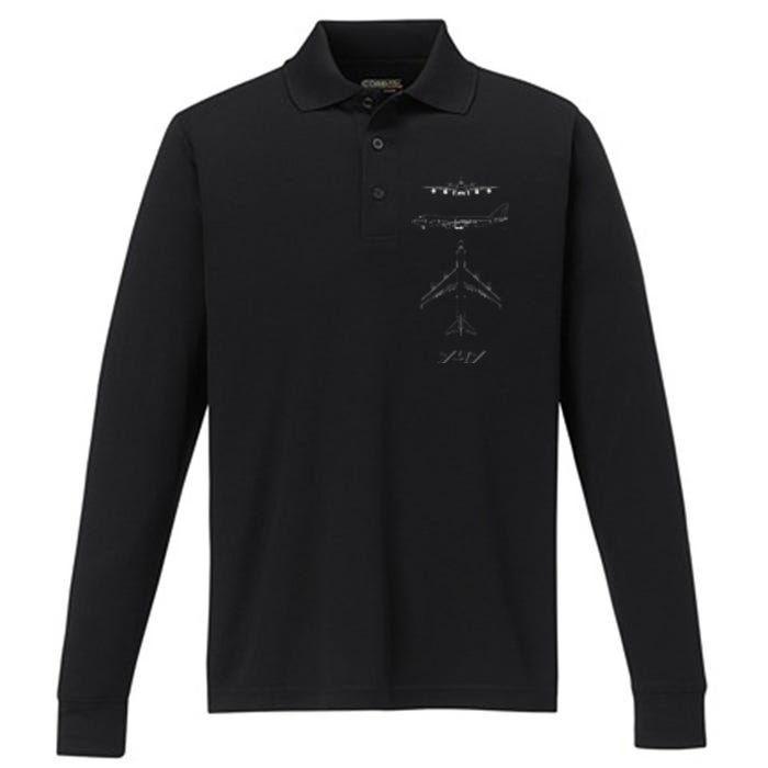 747 Aircraft Drawing Performance Long Sleeve Polo