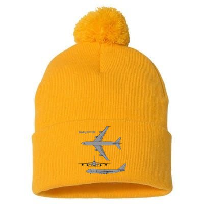 747 Airplane Hand Drawn Graphic Plane Pom Pom 12in Knit Beanie