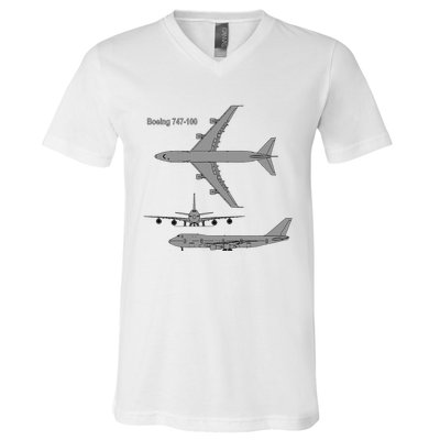 747 Airplane Hand Drawn Graphic Plane V-Neck T-Shirt