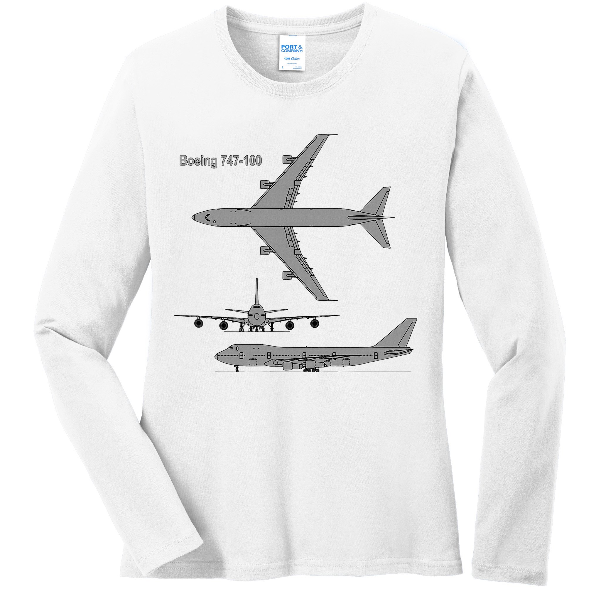 747 Airplane Hand Drawn Graphic Plane Ladies Long Sleeve Shirt