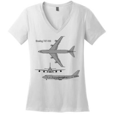 747 Airplane Hand Drawn Graphic Plane Women's V-Neck T-Shirt