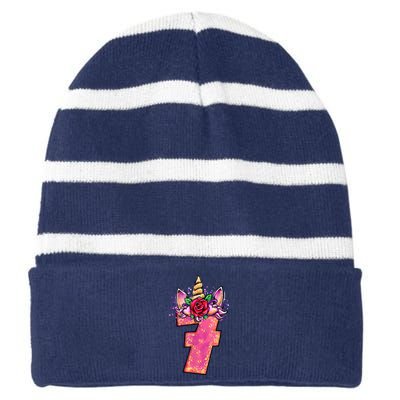 7th Birthday 7 Year Old Birthday Gifts Striped Beanie with Solid Band