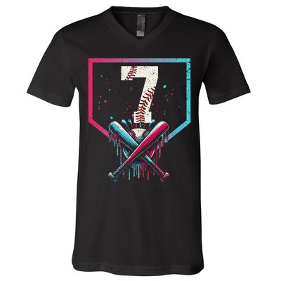 7th Birthday Baseball Home Plate Drip Ice Cream Sprinkle 1 Gift V-Neck T-Shirt
