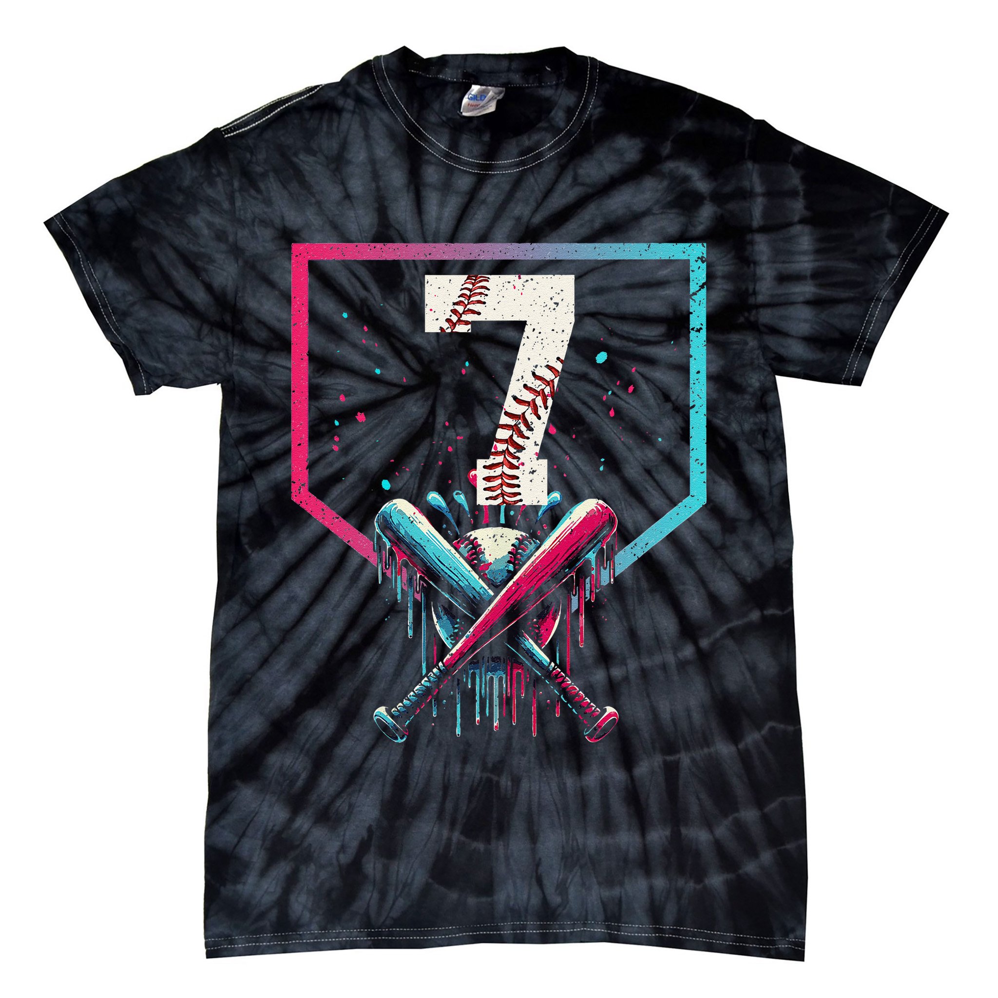 7th Birthday Baseball Home Plate Drip Ice Cream Sprinkle 1 Gift Tie-Dye T-Shirt