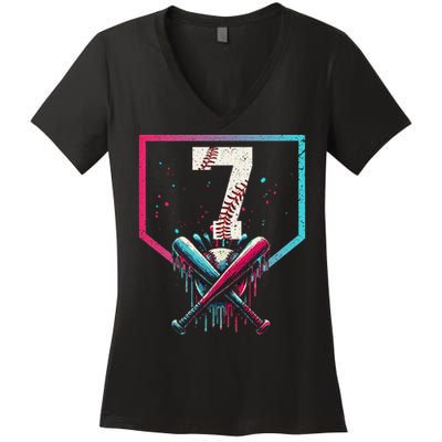 7th Birthday Baseball Home Plate Drip Ice Cream Sprinkle 1 Gift Women's V-Neck T-Shirt