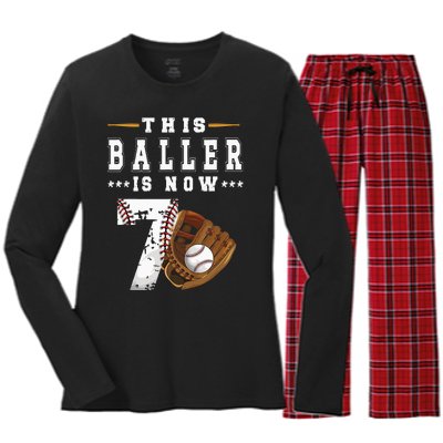 7th Birthday Baseball Seven Year Old Baseball Player Women's Long Sleeve Flannel Pajama Set 