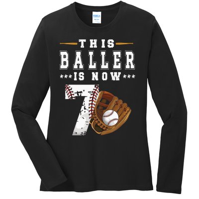 7th Birthday Baseball Seven Year Old Baseball Player Ladies Long Sleeve Shirt