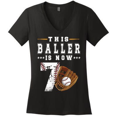 7th Birthday Baseball Seven Year Old Baseball Player Women's V-Neck T-Shirt