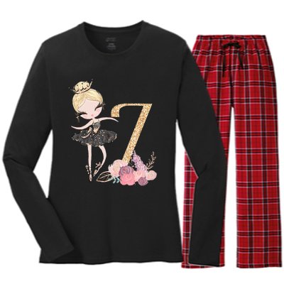 7th Birthday Ballerina Dancer Blonde Ballet Tutu Girl Seven Women's Long Sleeve Flannel Pajama Set 