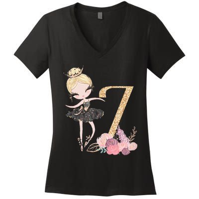 7th Birthday Ballerina Dancer Blonde Ballet Tutu Girl Seven Women's V-Neck T-Shirt