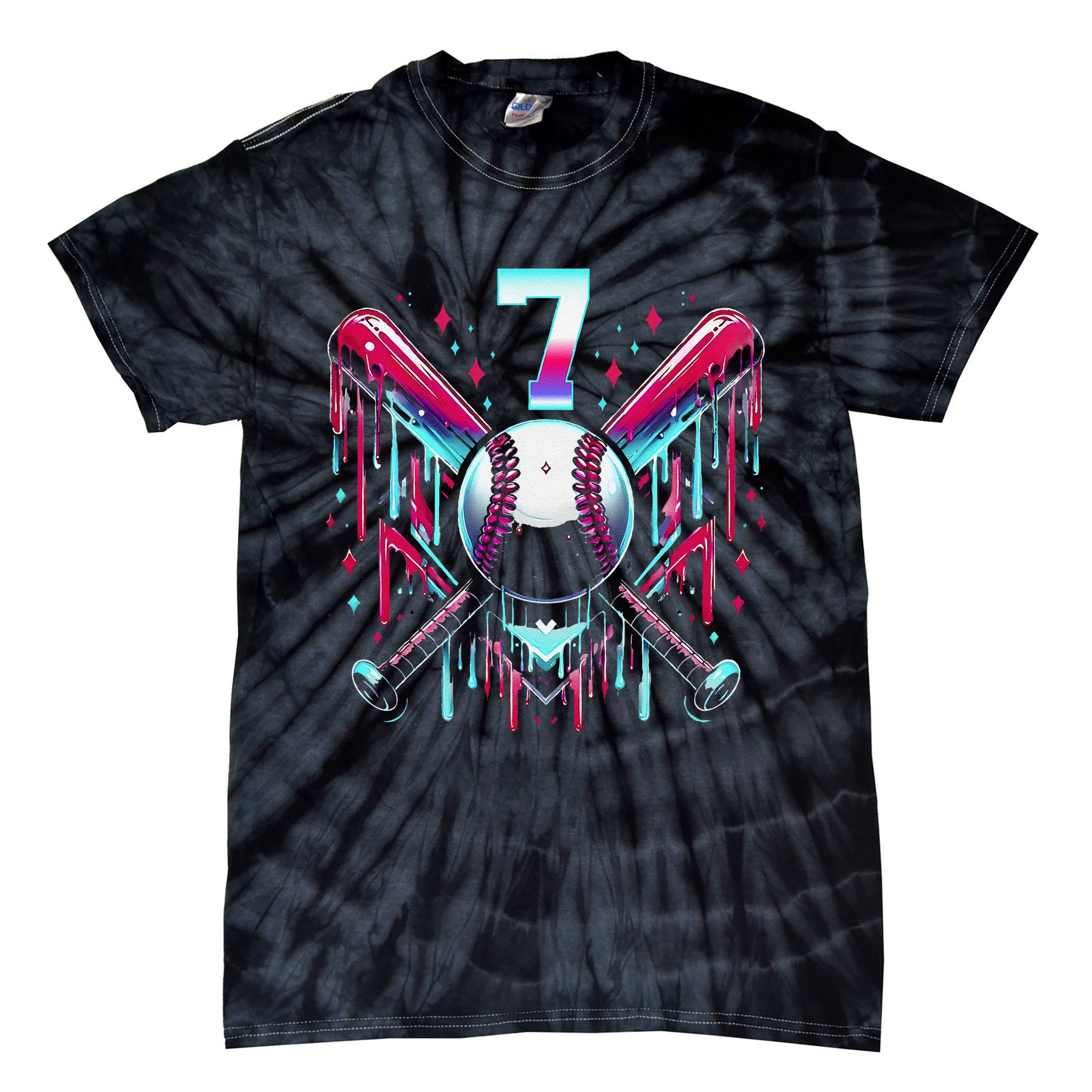7th Birthday Baseball Home Plate Drip Ice Cream Sprinkle Gift Tie-Dye T-Shirt