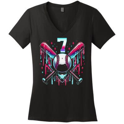 7th Birthday Baseball Home Plate Drip Ice Cream Sprinkle Gift Women's V-Neck T-Shirt