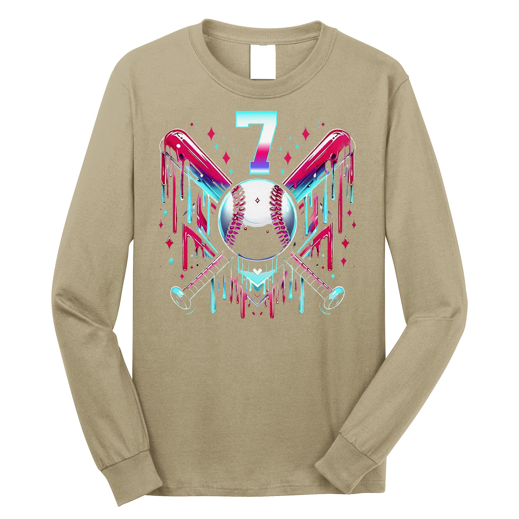 7th Birthday Baseball Home Plate Drip Ice Cream Sprinkle Gift Long Sleeve Shirt