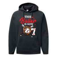 7th Birthday Baseball 7 Year Old Baseball Player Performance Fleece Hoodie