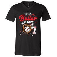 7th Birthday Baseball 7 Year Old Baseball Player V-Neck T-Shirt