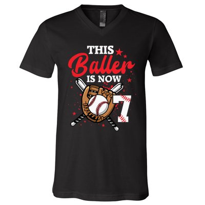 7th Birthday Baseball 7 Year Old Baseball Player V-Neck T-Shirt