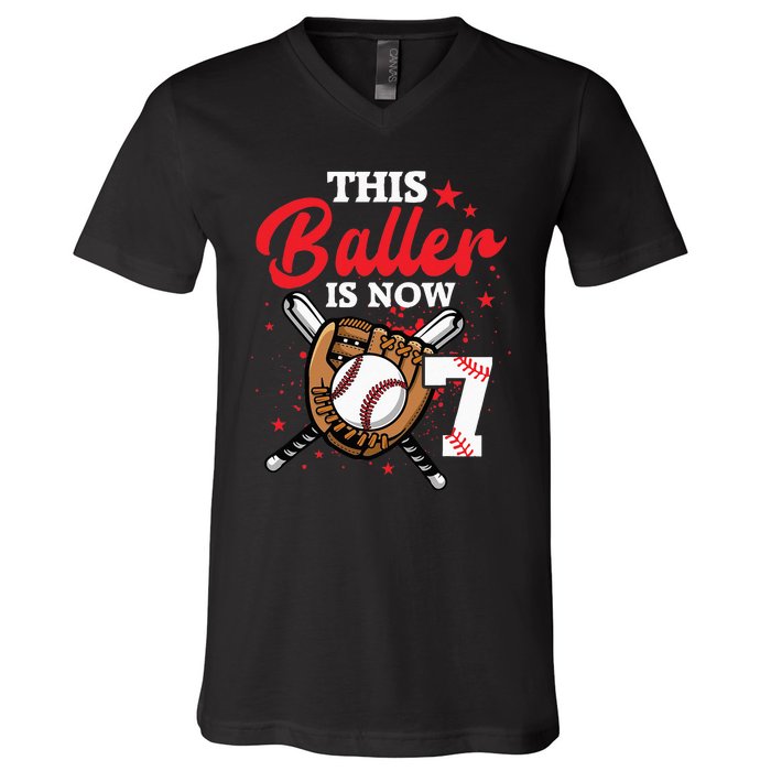 7th Birthday Baseball 7 Year Old Baseball Player V-Neck T-Shirt