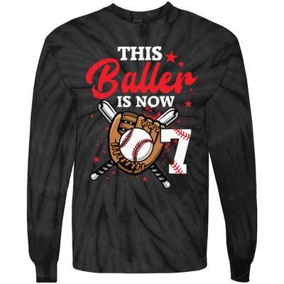 7th Birthday Baseball 7 Year Old Baseball Player Tie-Dye Long Sleeve Shirt