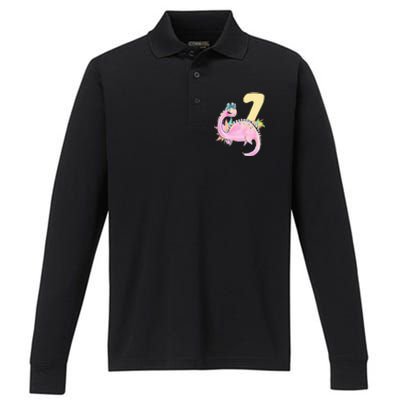 7th Birthday Dinosaur Pink Dino Party Outfit Seven Performance Long Sleeve Polo