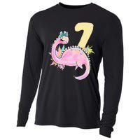 7th Birthday Dinosaur Pink Dino Party Outfit Seven Cooling Performance Long Sleeve Crew