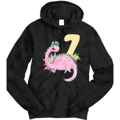 7th Birthday Dinosaur Pink Dino Party Outfit Seven Tie Dye Hoodie