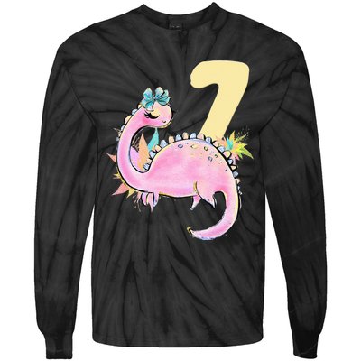 7th Birthday Dinosaur Pink Dino Party Outfit Seven Tie-Dye Long Sleeve Shirt