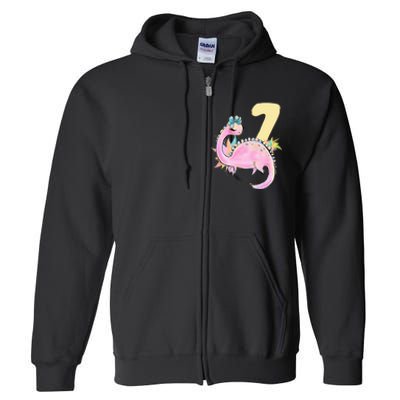 7th Birthday Dinosaur Pink Dino Party Outfit Seven Full Zip Hoodie