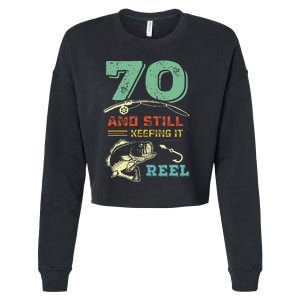 70th Birthday Fishing Design Turning 70 Fisherman Bass Fish Cropped Pullover Crew