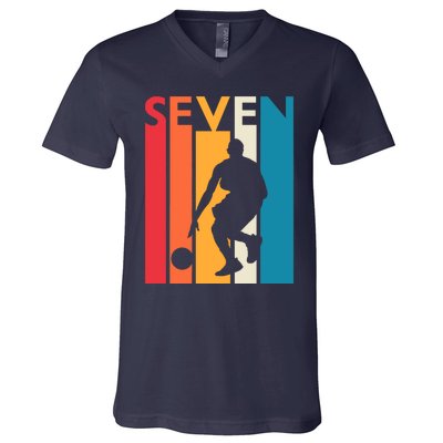 7th Birthday Gift Seven Vintage Basketball 7 Year Old V-Neck T-Shirt