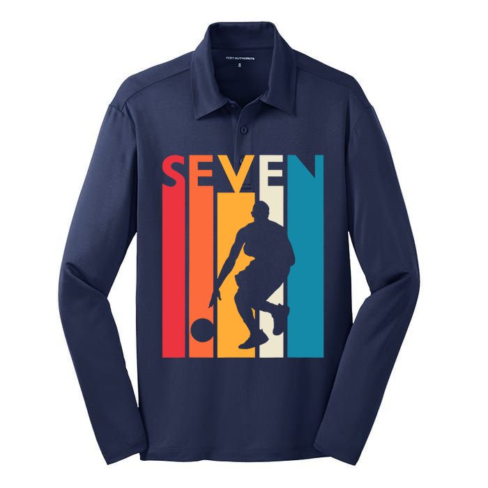 7th Birthday Gift Seven Vintage Basketball 7 Year Old Silk Touch Performance Long Sleeve Polo