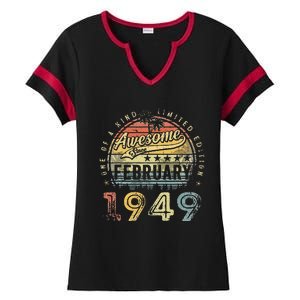 74th Birthday Gift Awesome Since February 1949 74 Year Old Ladies Halftime Notch Neck Tee