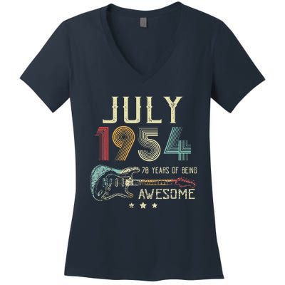 70th Birthday Guitar Lover Vintage July 1954 70 Year Old Women's V-Neck T-Shirt