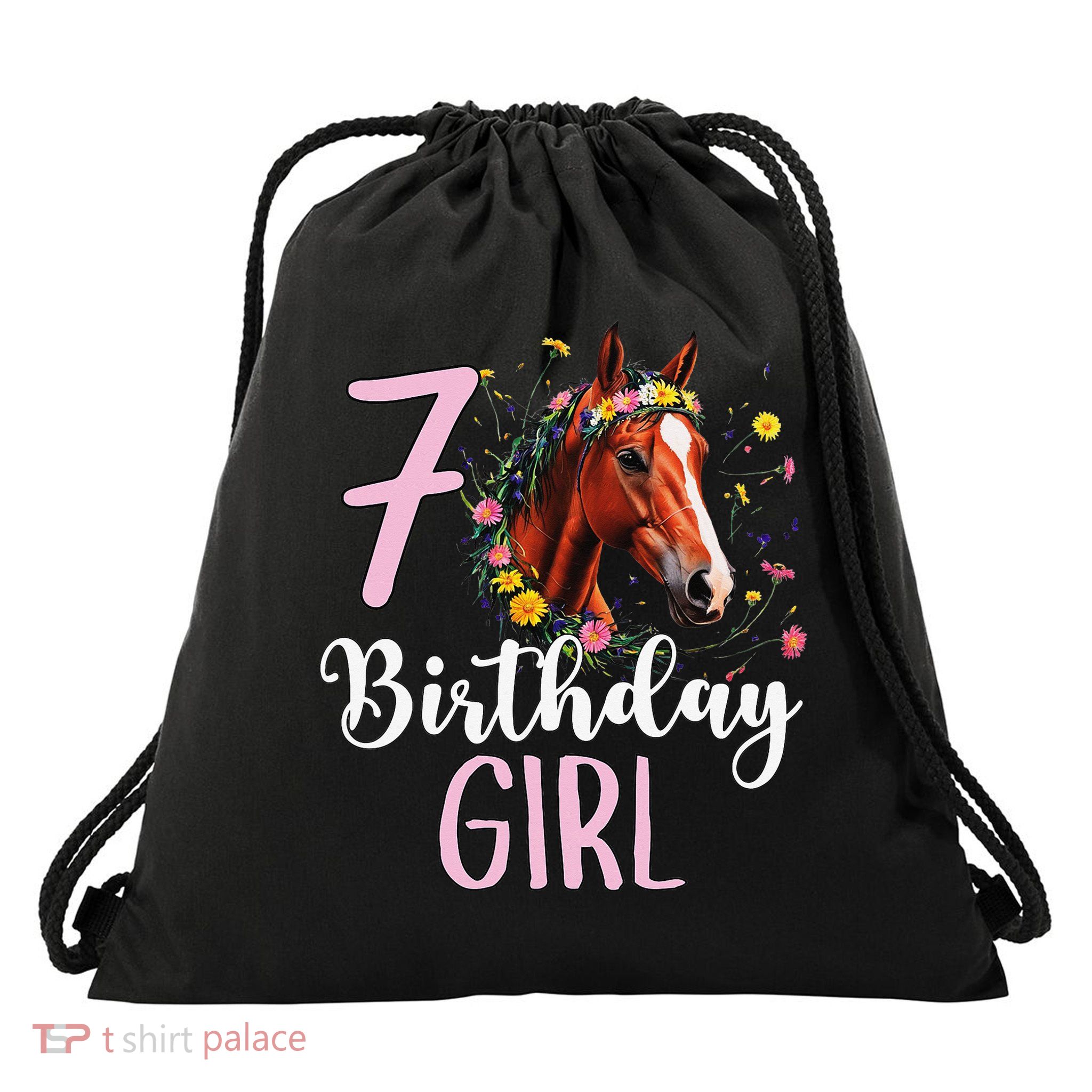 7th Birthday Horse Wildflowers 7 Years Old Birthday Girl Gift Drawstring Bag