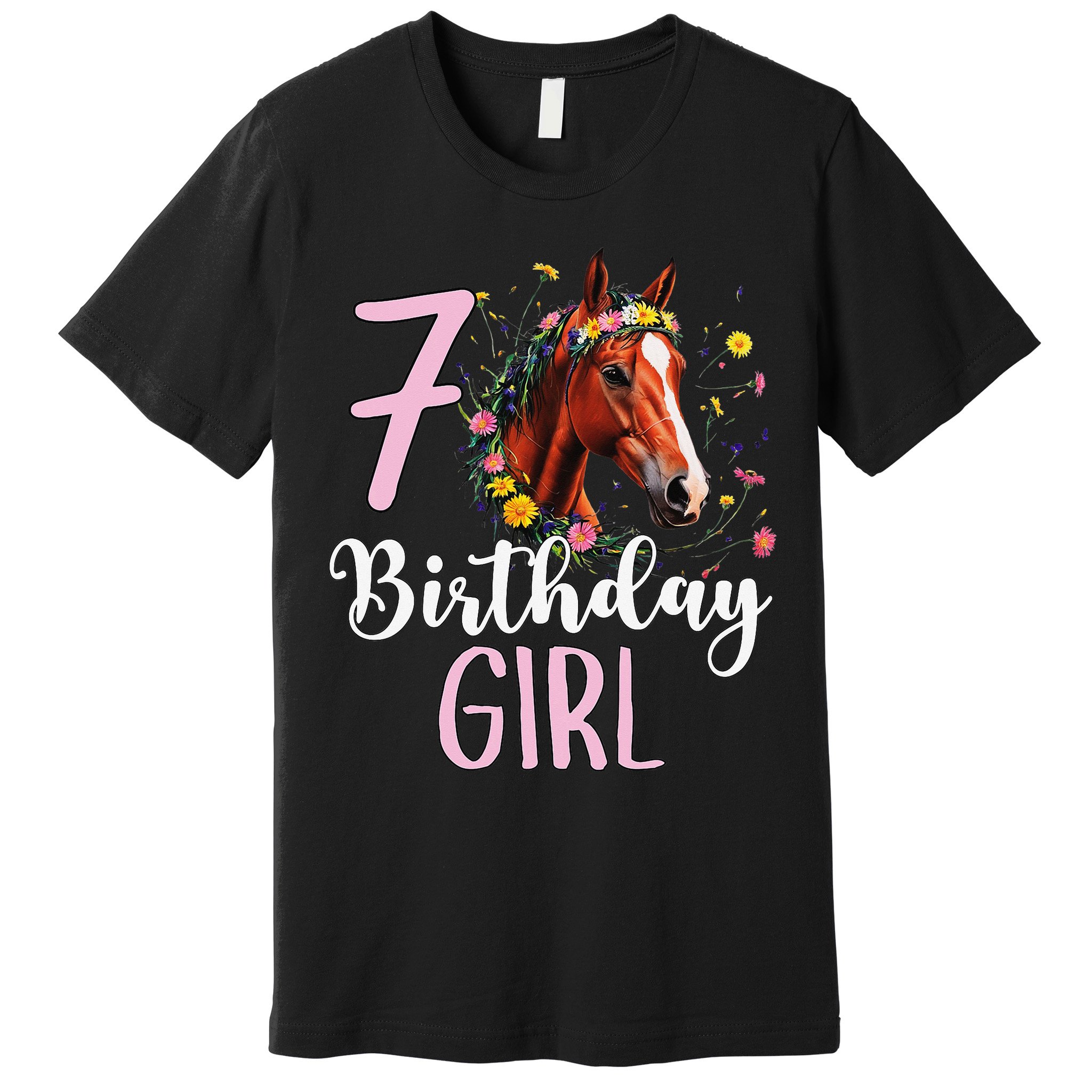 7th Birthday Horse Wildflowers 7 Years Old Birthday Girl Gift Premium T-Shirt