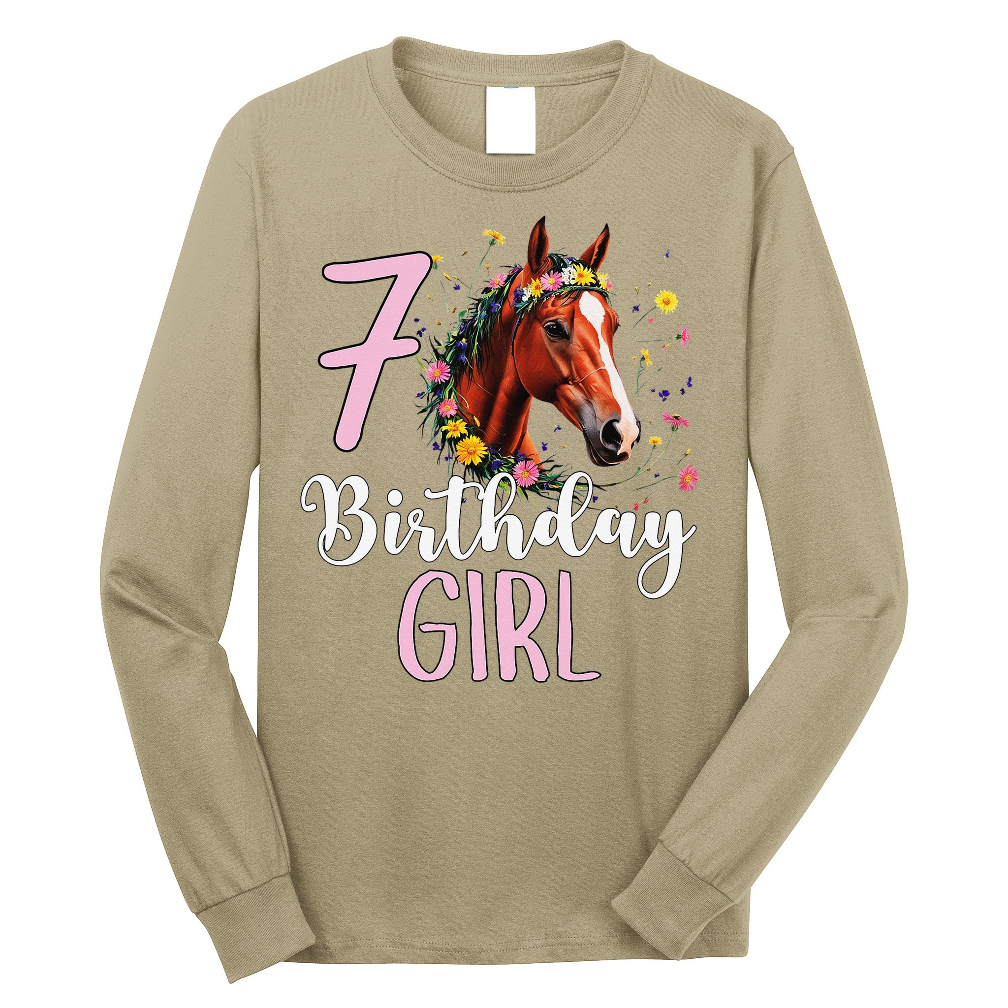7th Birthday Horse Wildflowers 7 Years Old Birthday Girl Gift Long Sleeve Shirt