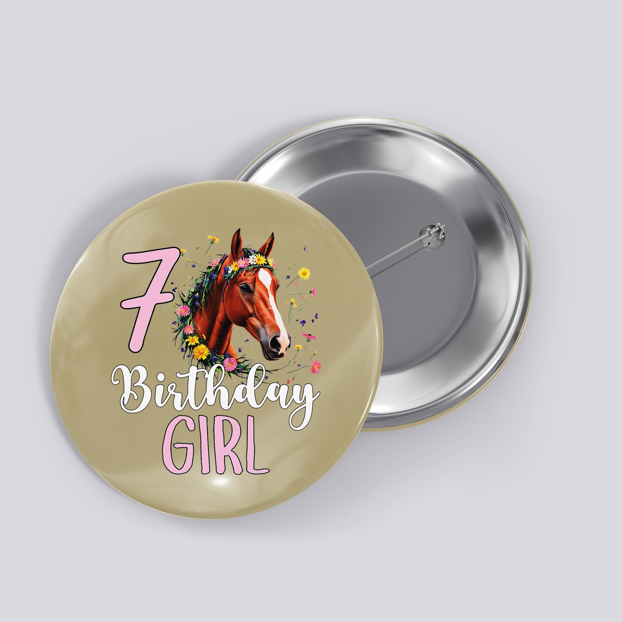 7th Birthday Horse Wildflowers 7 Years Old Birthday Girl Gift Button