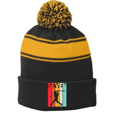 7th Birthday Retro Baseball 7 Years Old Stripe Pom Pom Beanie