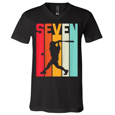 7th Birthday Retro Baseball 7 Years Old V-Neck T-Shirt